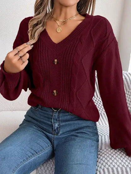 New autumn and winter solid color V-neck buttoned twist lantern sleeve pullover sweater | AE&GStor