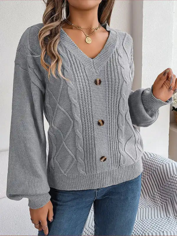 New autumn and winter solid color V-neck buttoned twist lantern sleeve pullover sweater | AE&GStor