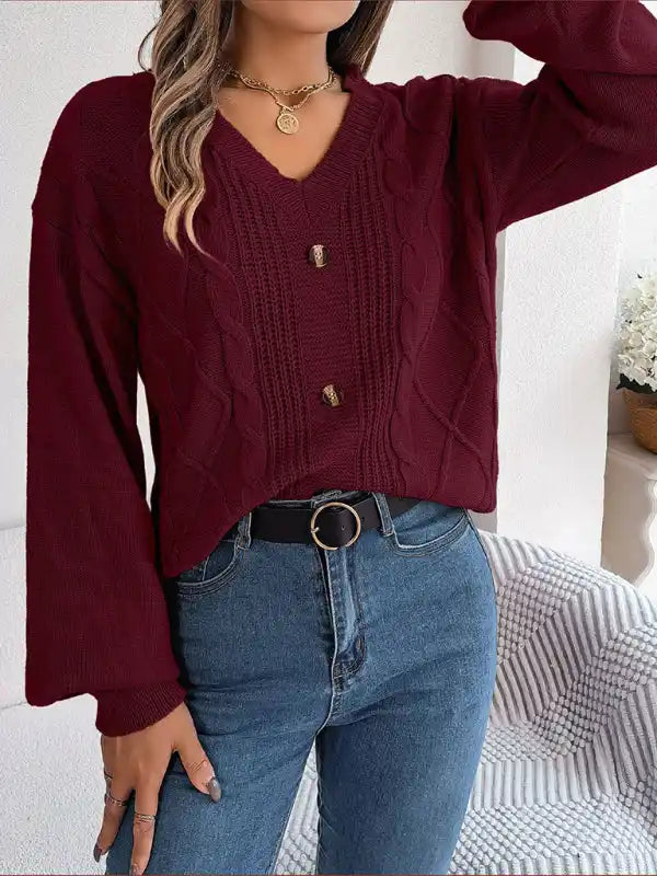 New autumn and winter solid color V-neck buttoned twist lantern sleeve pullover sweater | AE&GStor