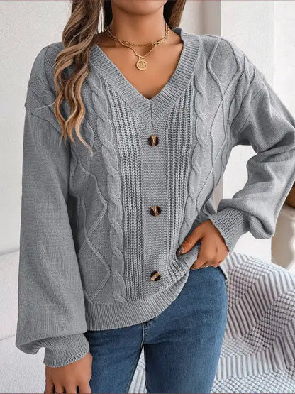 New autumn and winter solid color V-neck buttoned twist lantern sleeve pullover sweater | AE&GStor