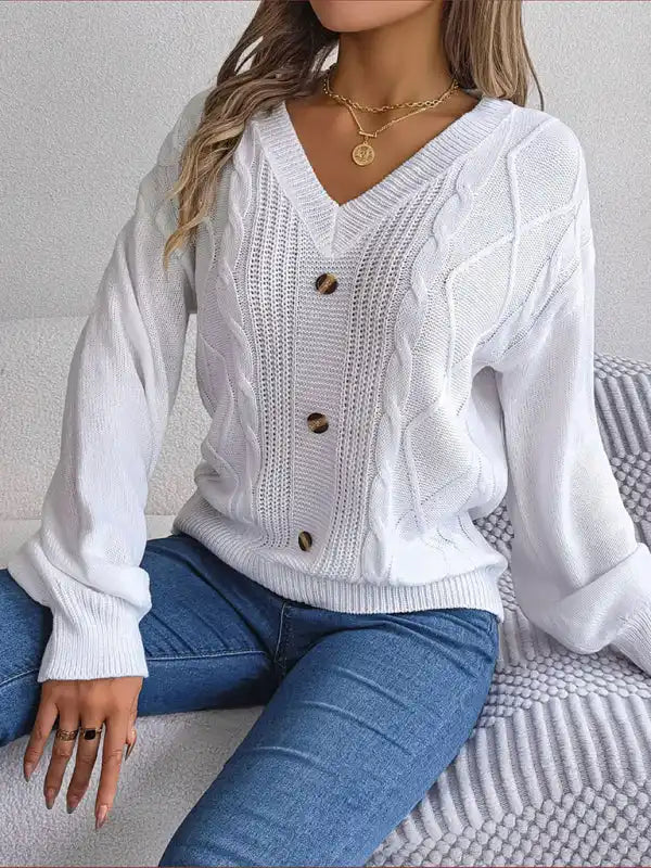 New autumn and winter solid color V-neck buttoned twist lantern sleeve pullover sweater | AE&GStor