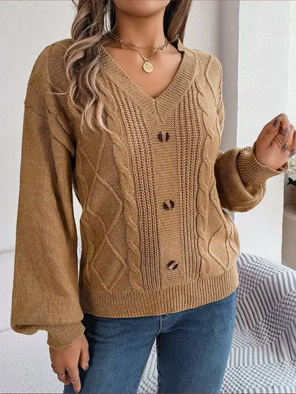 New autumn and winter solid color V-neck buttoned twist lantern sleeve pullover sweater | AE&GStor