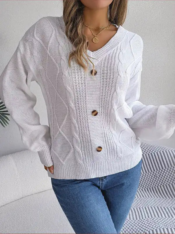 New autumn and winter solid color V-neck buttoned twist lantern sleeve pullover sweater | AE&GStor