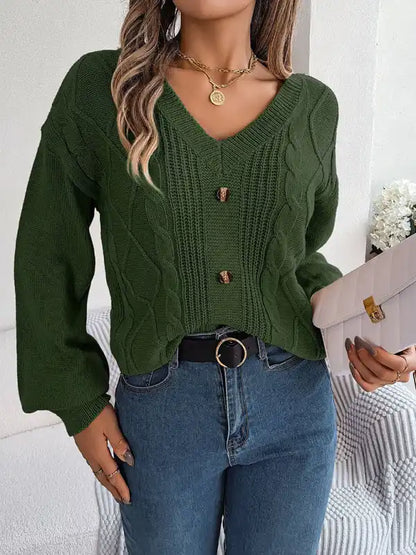 New autumn and winter solid color V-neck buttoned twist lantern sleeve pullover sweater | AE&GStor