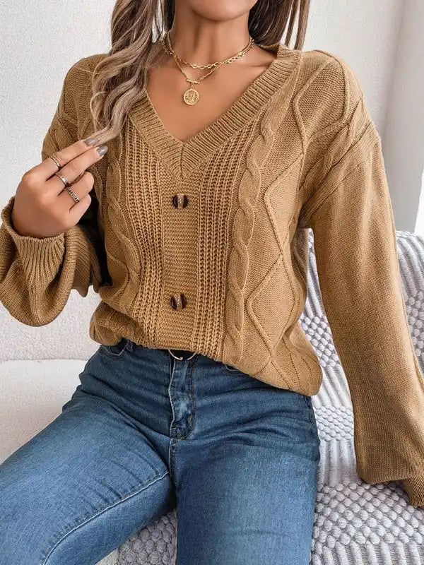 New autumn and winter solid color V-neck buttoned twist lantern sleeve pullover sweater | AE&GStor