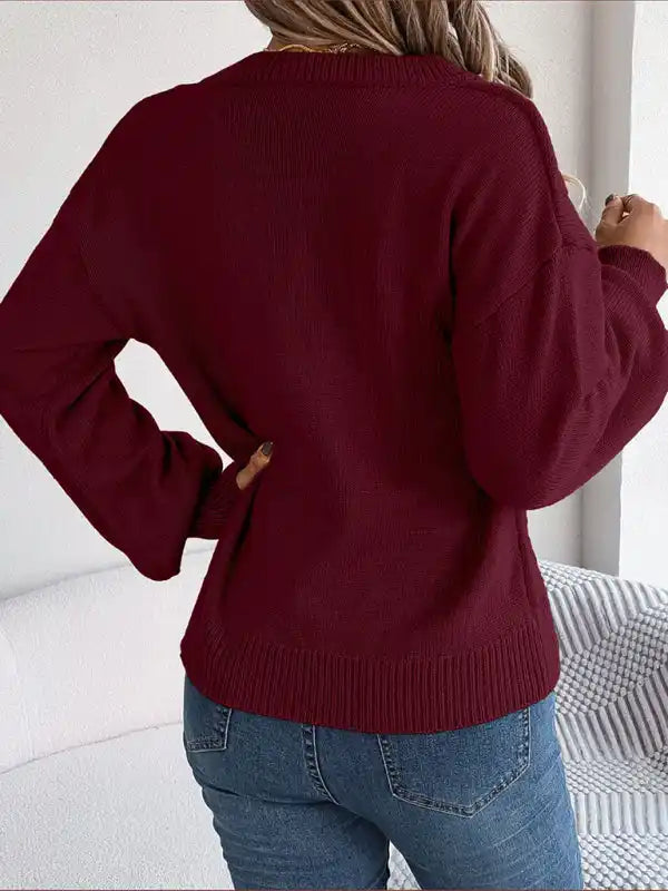 New autumn and winter solid color V-neck buttoned twist lantern sleeve pullover sweater | AE&GStor