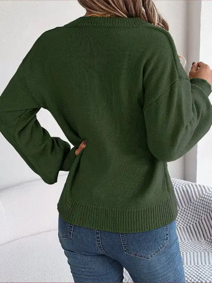 New autumn and winter solid color V-neck buttoned twist lantern sleeve pullover sweater | AE&GStor