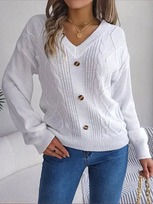 New autumn and winter solid color V-neck buttoned twist lantern sleeve pullover sweater | AE&GStor