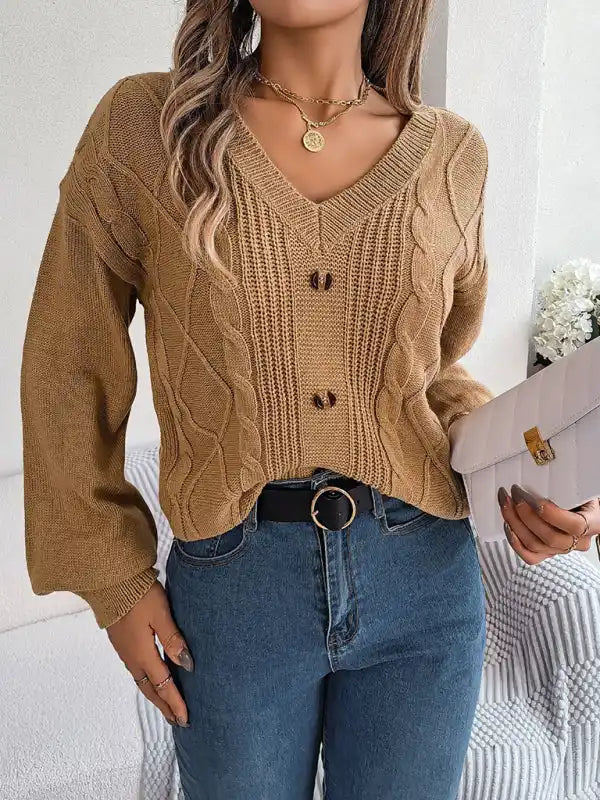 New autumn and winter solid color V-neck buttoned twist lantern sleeve pullover sweater | AE&GStor