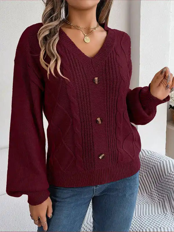 New autumn and winter solid color V-neck buttoned twist lantern sleeve pullover sweater | AE&GStor