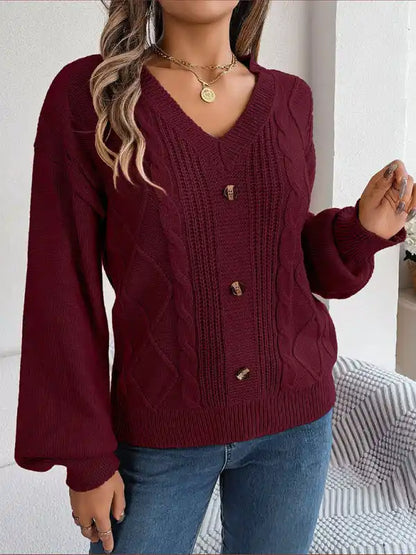 New autumn and winter solid color V-neck buttoned twist lantern sleeve pullover sweater | AE&GStor