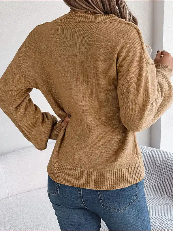 New autumn and winter solid color V-neck buttoned twist lantern sleeve pullover sweater | AE&GStor