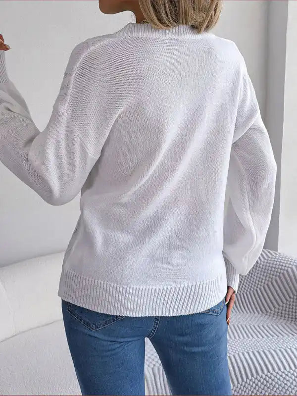 New autumn and winter solid color V-neck buttoned twist lantern sleeve pullover sweater | AE&GStor