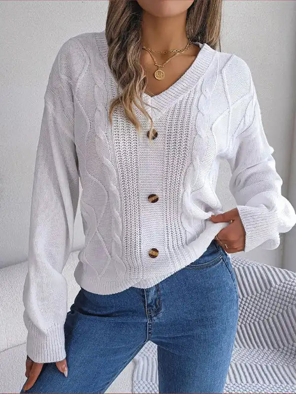 New autumn and winter solid color V-neck buttoned twist lantern sleeve pullover sweater | AE&GStor