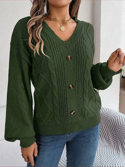 New autumn and winter solid color V-neck buttoned twist lantern sleeve pullover sweater | AE&GStor