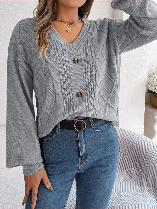 New autumn and winter solid color V-neck buttoned twist lantern sleeve pullover sweater | AE&GStor