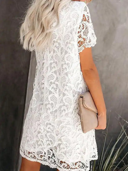 New casual and elegant round neck hollow lace midi dress | AE&GStor