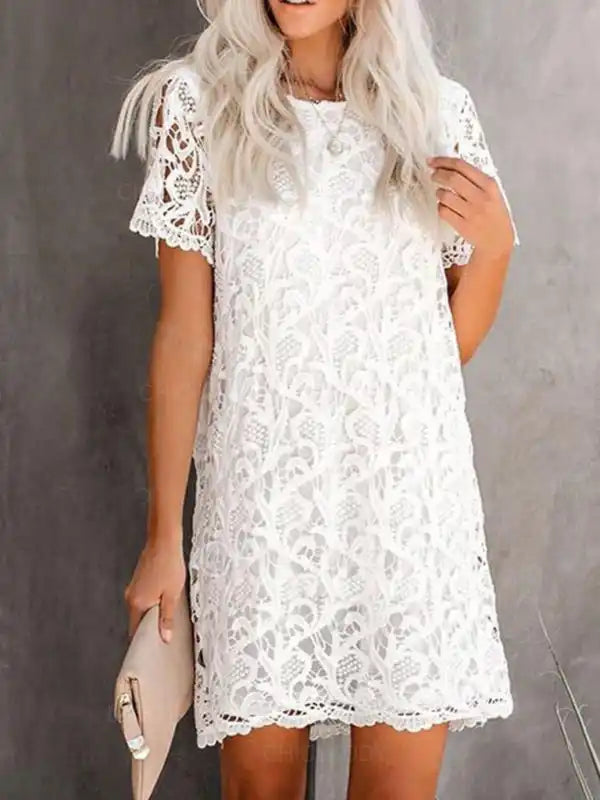 New casual and elegant round neck hollow lace midi dress | AE&GStor