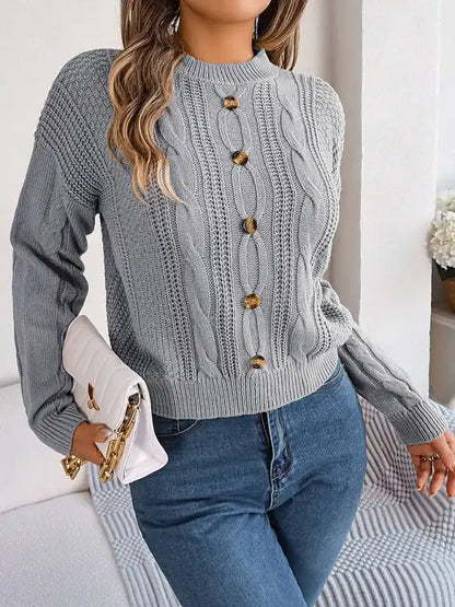 New casual solid color button twist long-sleeved pullover sweater | AE&GStor