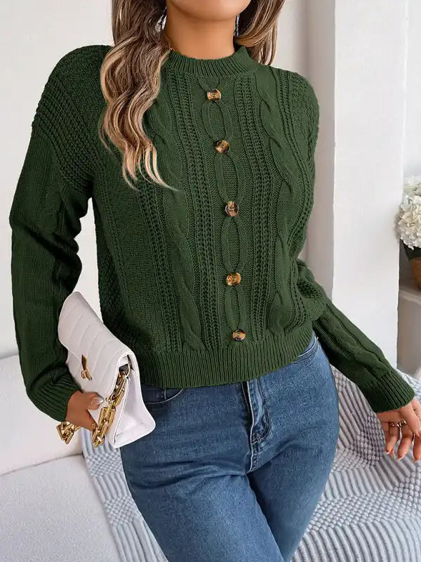 New casual solid color button twist long-sleeved pullover sweater | AE&GStor