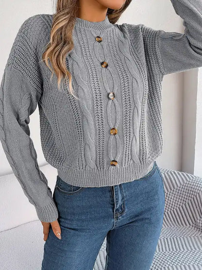 New casual solid color button twist long-sleeved pullover sweater | AE&GStor