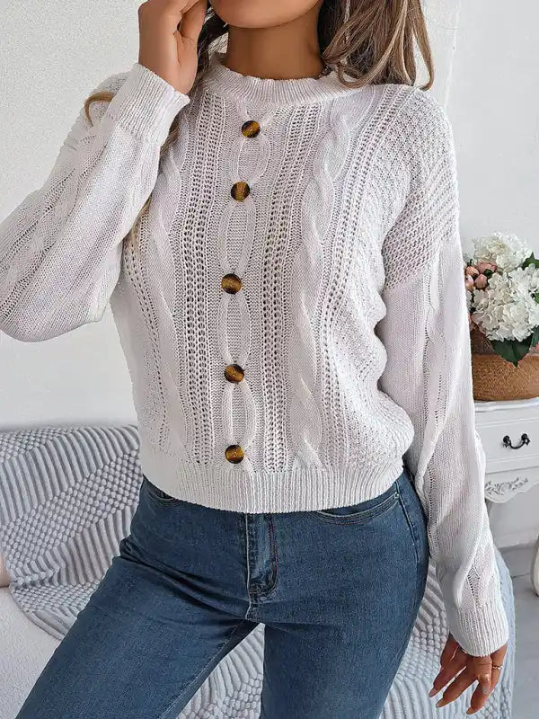 New casual solid color button twist long-sleeved pullover sweater | AE&GStor