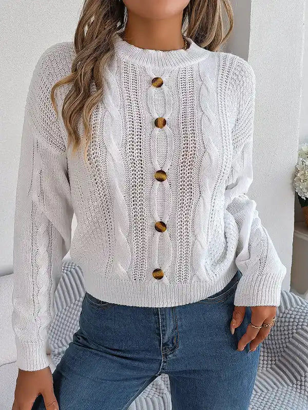 New casual solid color button twist long-sleeved pullover sweater | AE&GStor