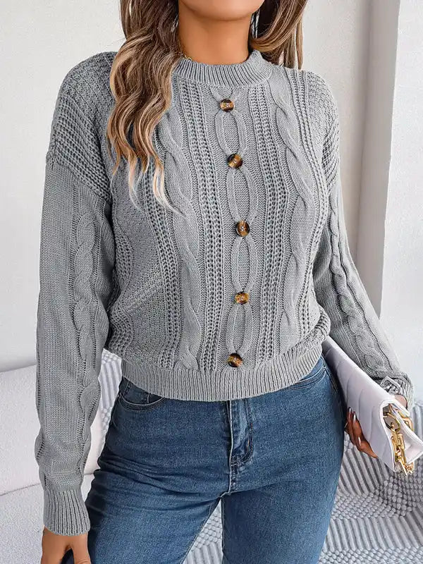 New casual solid color button twist long-sleeved pullover sweater | AE&GStor