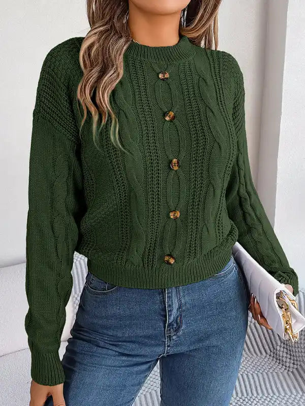 New casual solid color button twist long-sleeved pullover sweater | AE&GStor