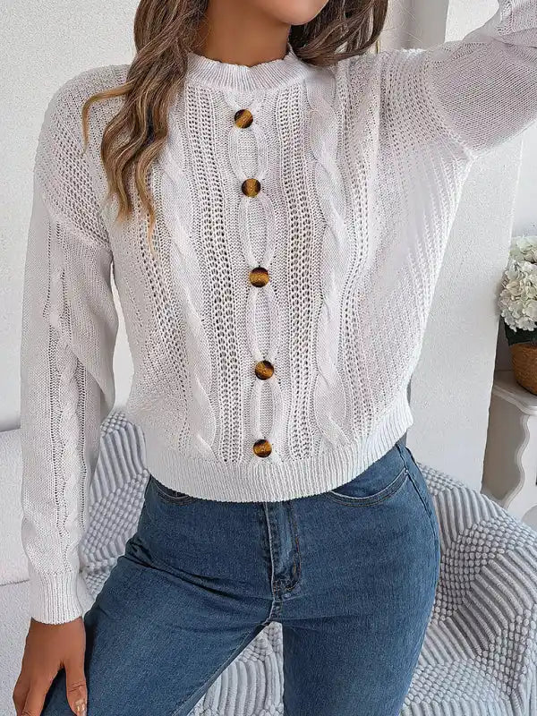 New casual solid color button twist long-sleeved pullover sweater | AE&GStor