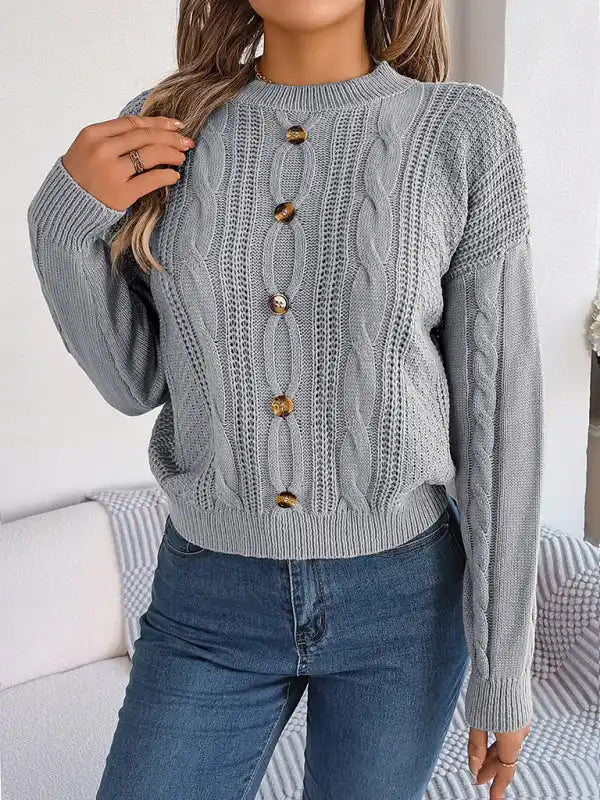 New casual solid color button twist long-sleeved pullover sweater | AE&GStor