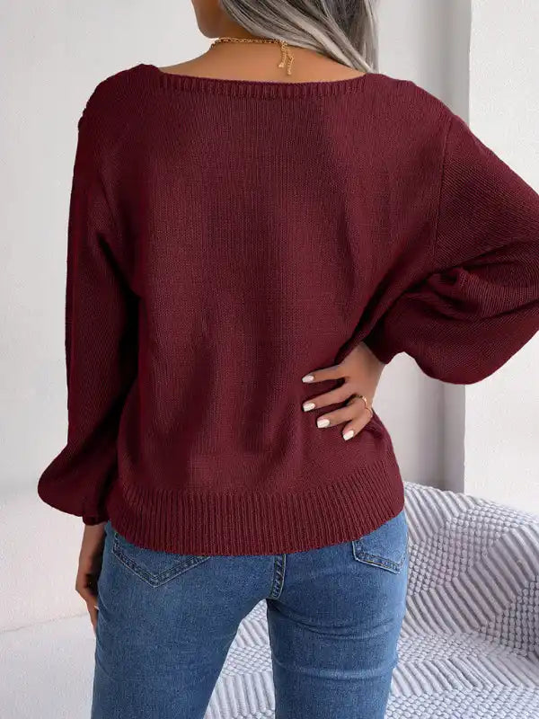 New casual square neck twist lantern sleeve pullover sweater | AE&GStor