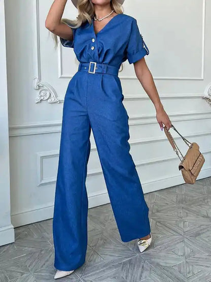 New fashionable and versatile casual temperament V-neck short-sleeved straight jumpsuit | AE&GStor