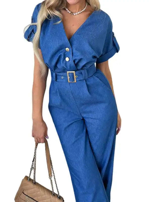 New fashionable and versatile casual temperament V-neck short-sleeved straight jumpsuit | AE&GStor