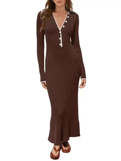 Fashionable lapel knitted slim fit hip-hugging long-sleeved dress | AE&GStor