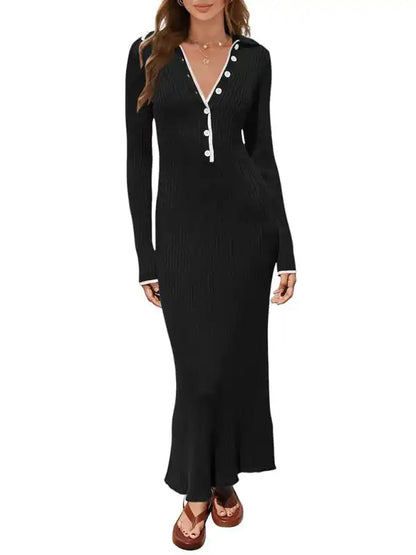 Fashionable lapel knitted slim fit hip-hugging long-sleeved dress | AE&GStor