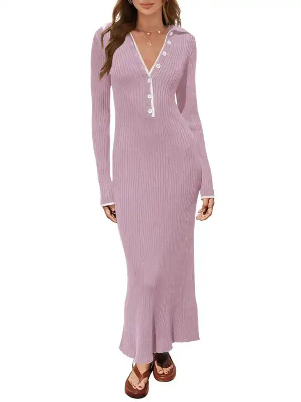 Fashionable lapel knitted slim fit hip-hugging long-sleeved dress | AE&GStor