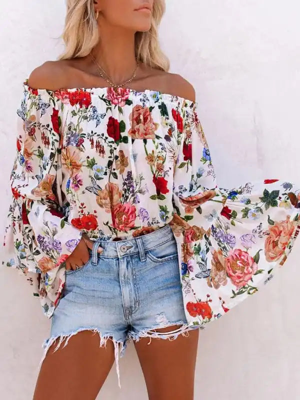 New print one-shoulder bell sleeve high waist all-match top | AE&GStor