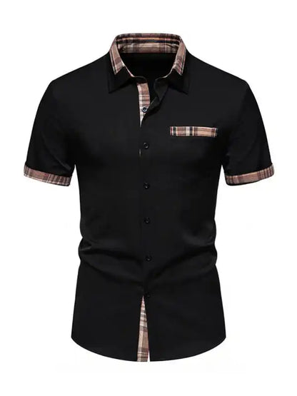 Men’s Casual Collar Buttoned Plaid Color Block Short Sleeve Shirt | AE&GStor